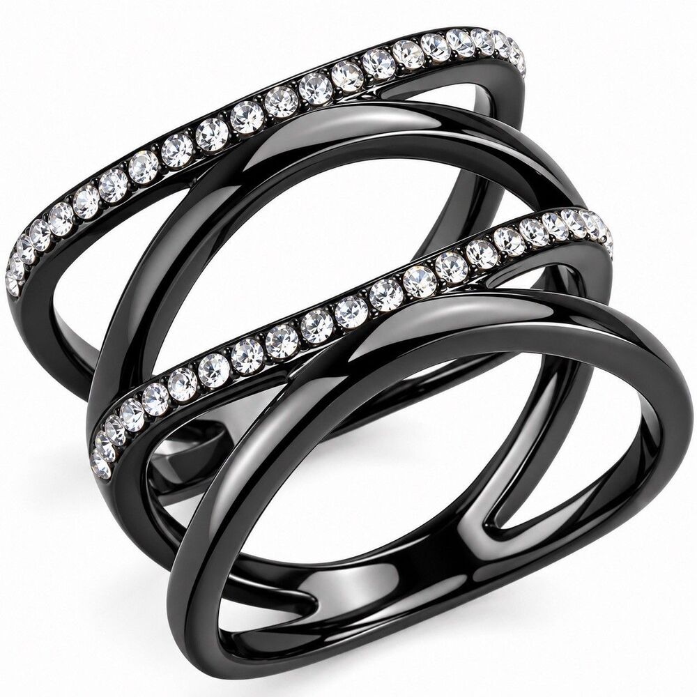Geometric Crossover Ring Gunmetal Stainless Steel Crystal CZ Open Band Size 10